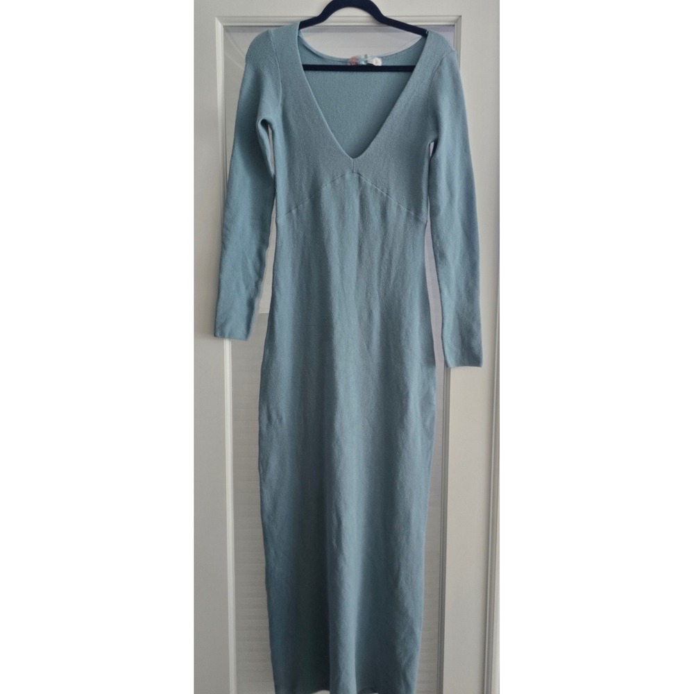 Free People FP Beach Trixie Light Blue Ribbed Knit V-Neck Midi Sweater Dress M